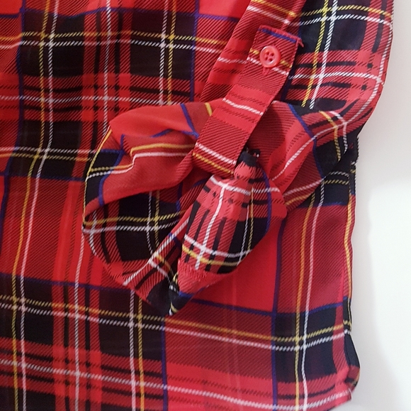 MINE Red Plaid Front Button Collared Chiffon Shirt - Picture 6 of 11